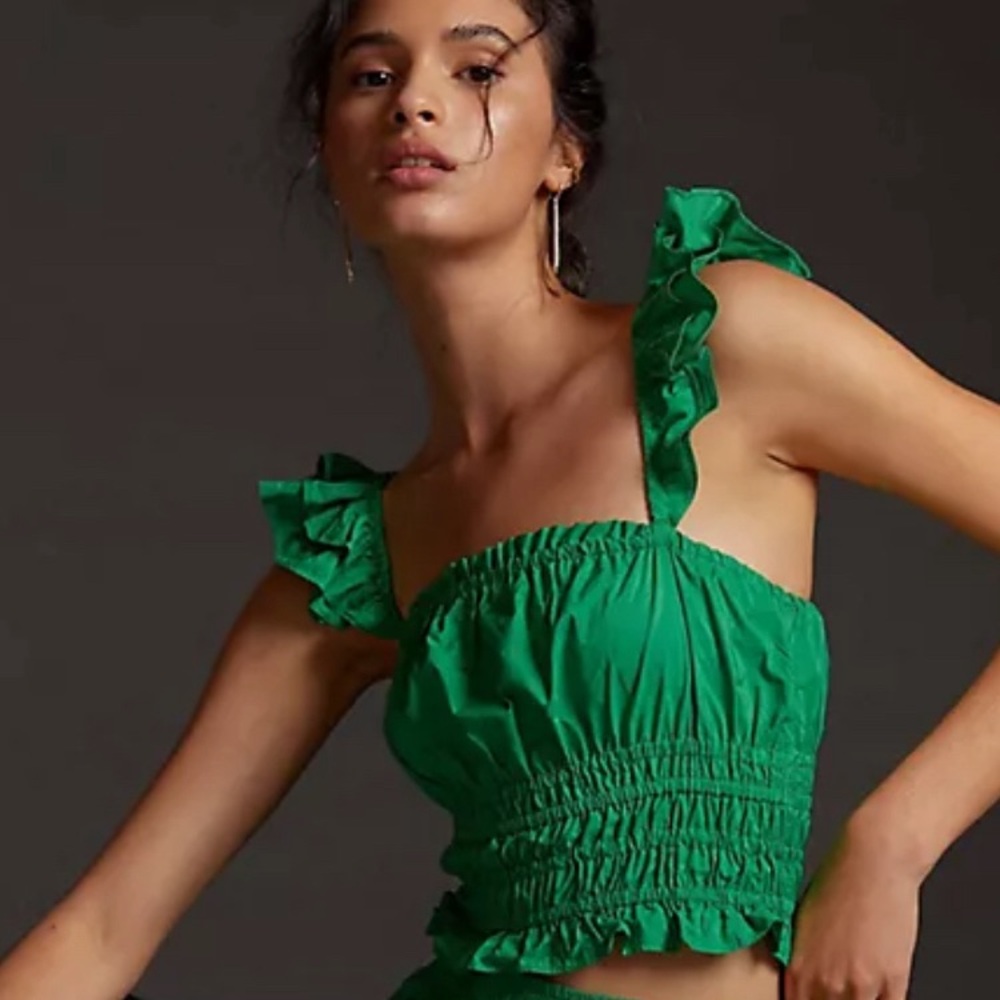 Maeve Emerald Ruffle Strap Smocked Crop